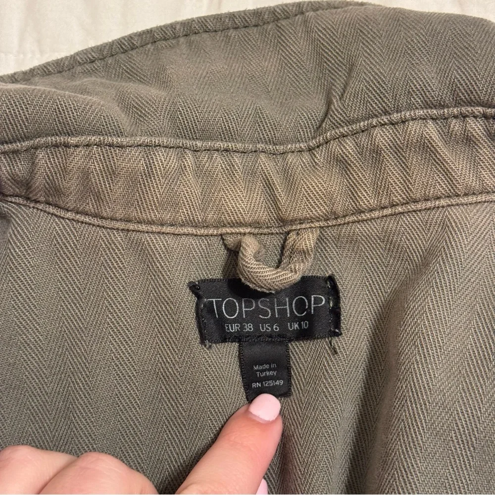 Topshop Army Green Distressed Utility Jacket Button Up 100% Cotton Size 6